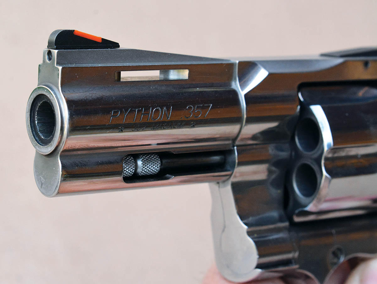 The Python’s crown is deep, while the red ramp front-sight blade is interchangeable.